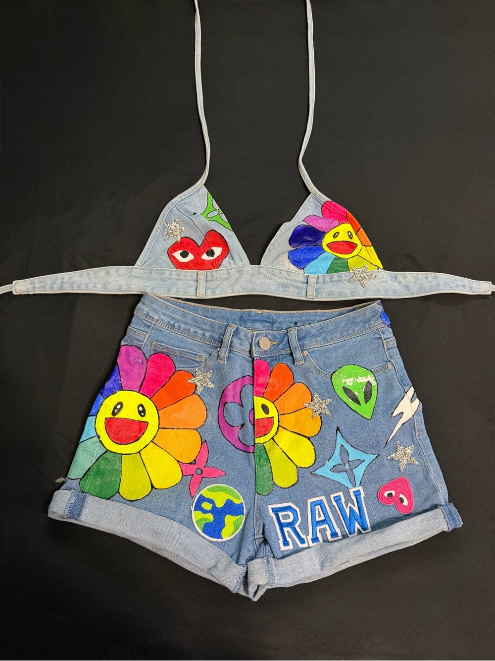 Hand-Painted Denim Crop Top & Shorts Set with Colorful Smile Flowers